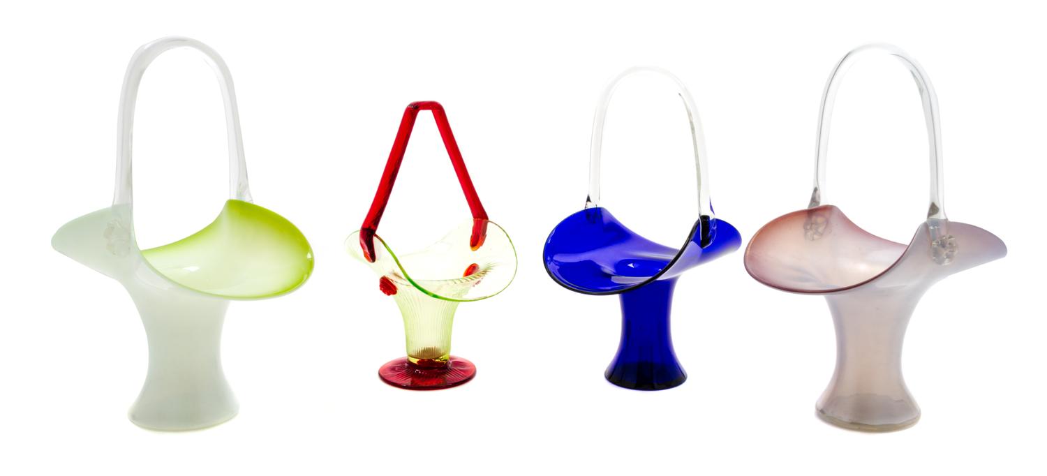 Four Glass Baskets Height of tallest 12 5/8 inches.