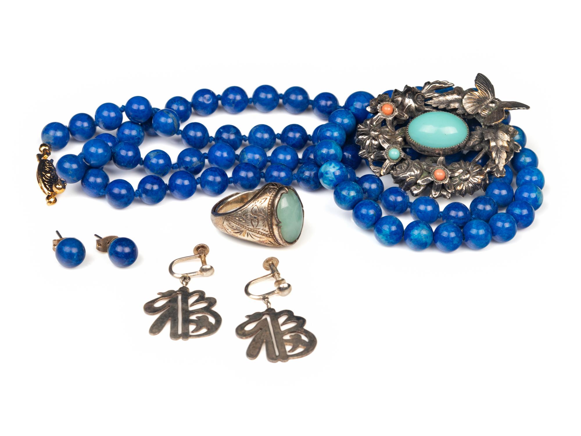 A Group of Chinese Silver, Jadeite and Lapis Lazuli Jewelry