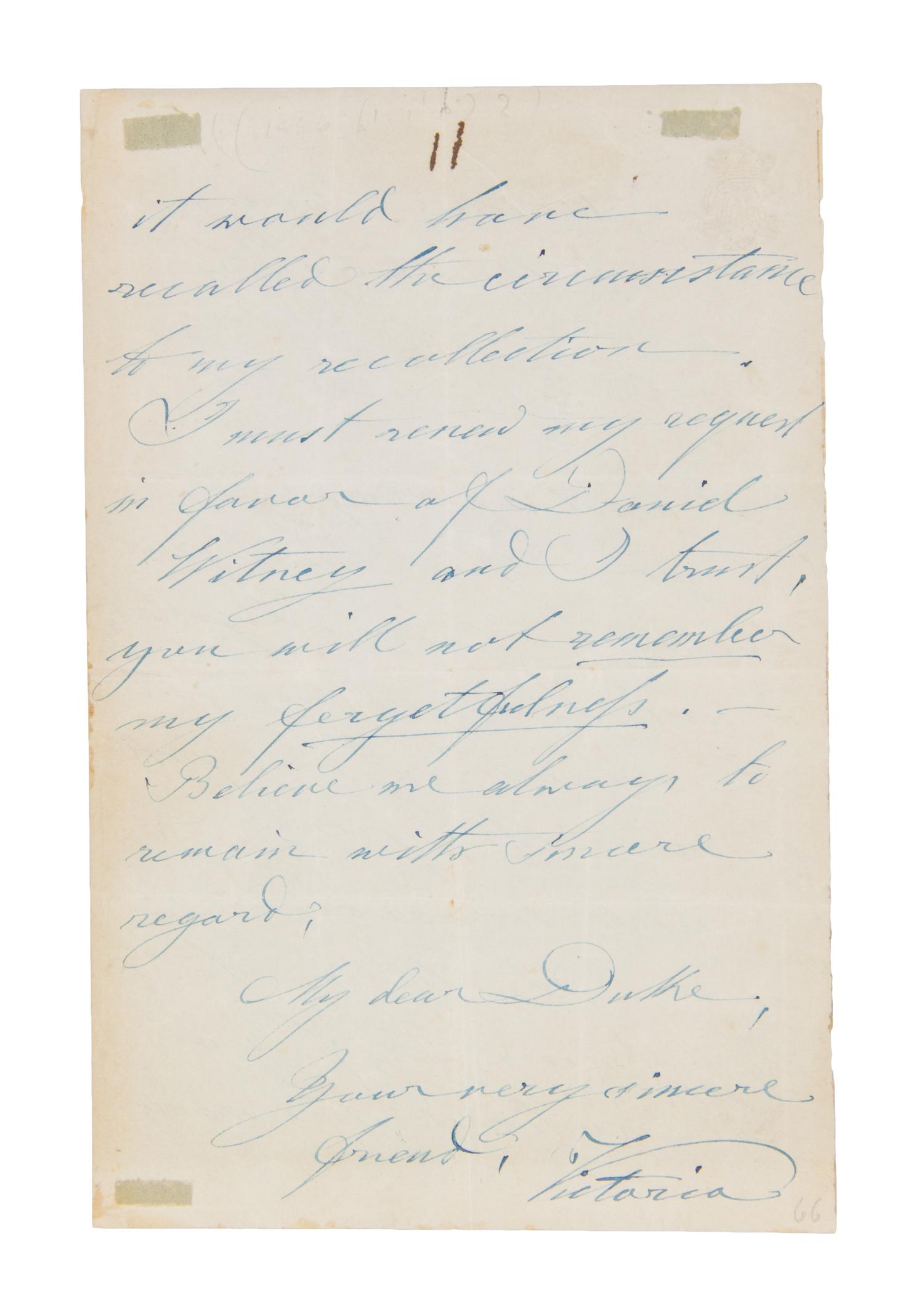 VICTORIA. Autographed letter signed ("Victoria"), one page double-sided, April 29, 1894.