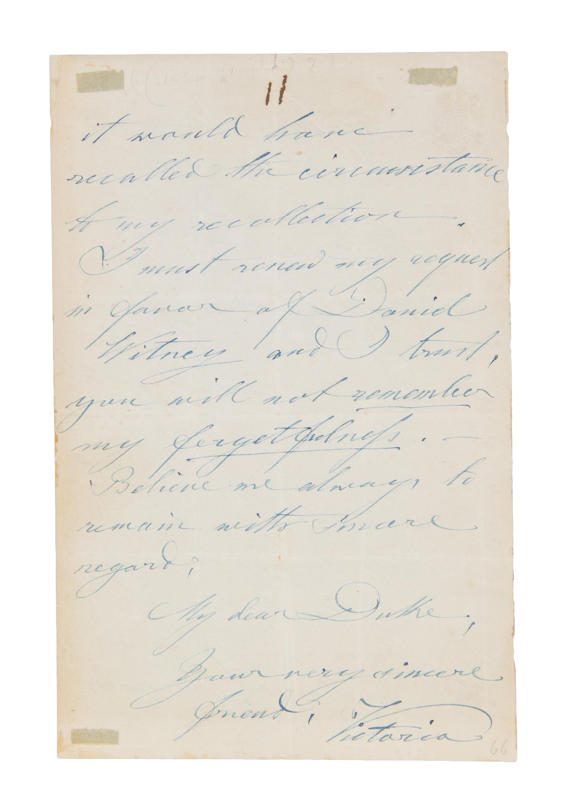 VICTORIA. Autographed letter signed ("Victoria"), one page double-sided, April 29, 1894.