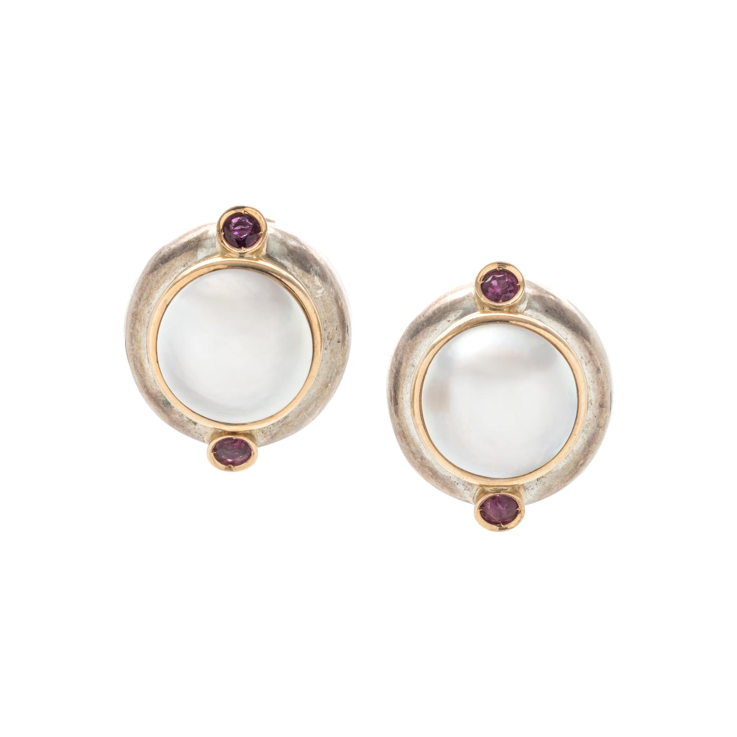 STERLING SILVER, YELLOW GOLD, CULTURED MABE PEARL AND RUBY EARCLIPS