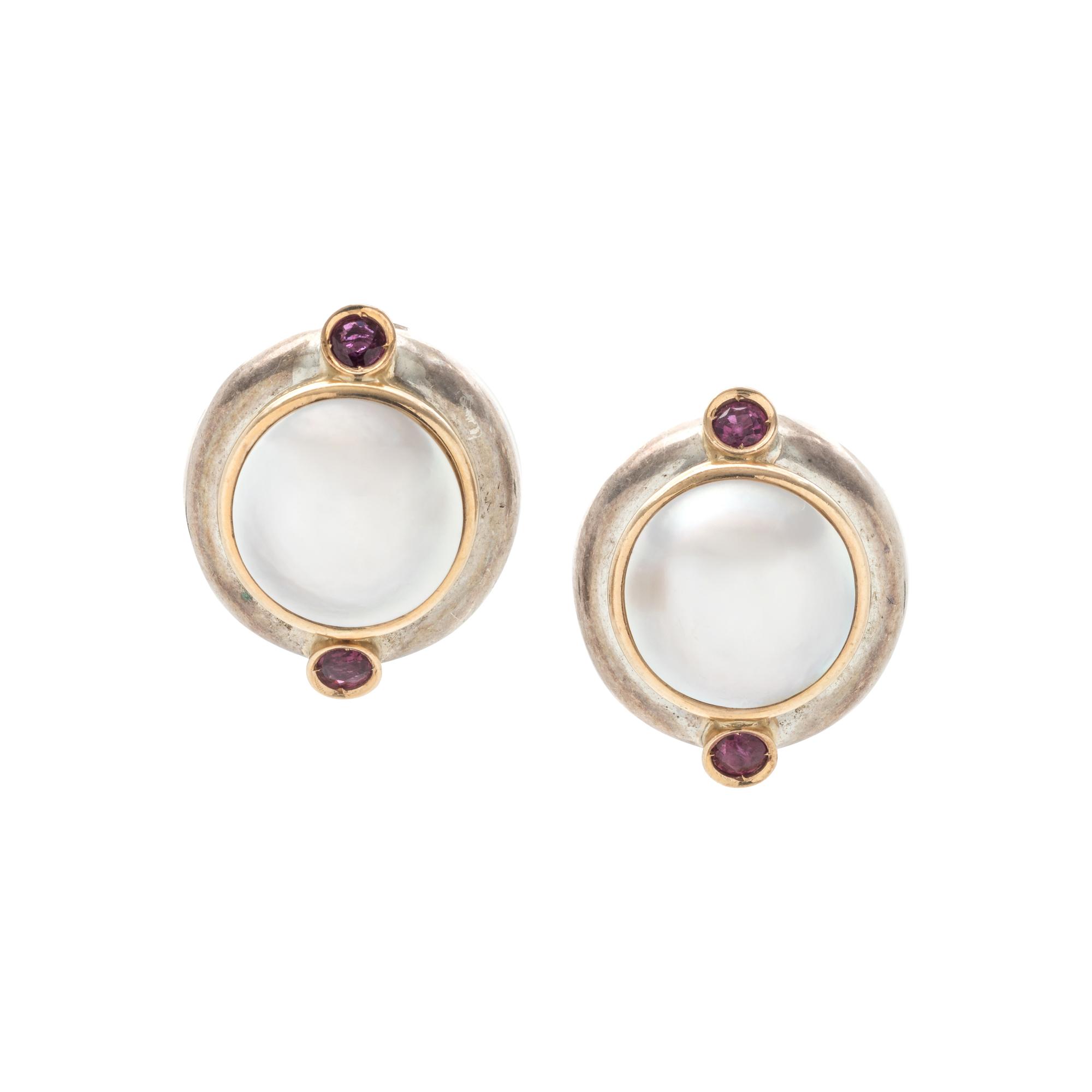 STERLING SILVER, YELLOW GOLD, CULTURED MABE PEARL AND RUBY EARCLIPS