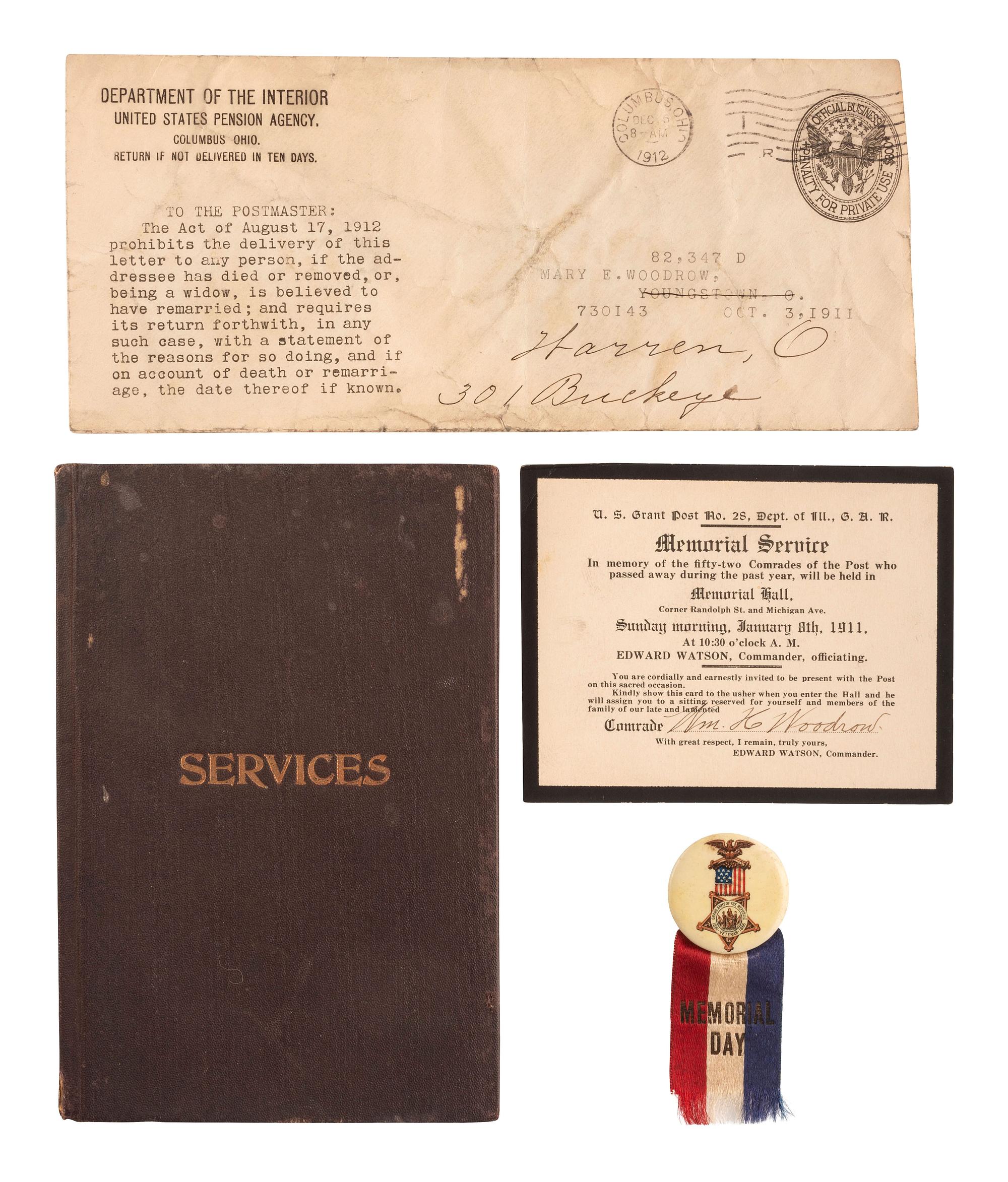 [CIVIL WAR -- VETERAN ORGANIZATIONS]. Memorial book, card, and badge, Corporal William H. Woodrow, Company C, 84th Ohio Infantry.