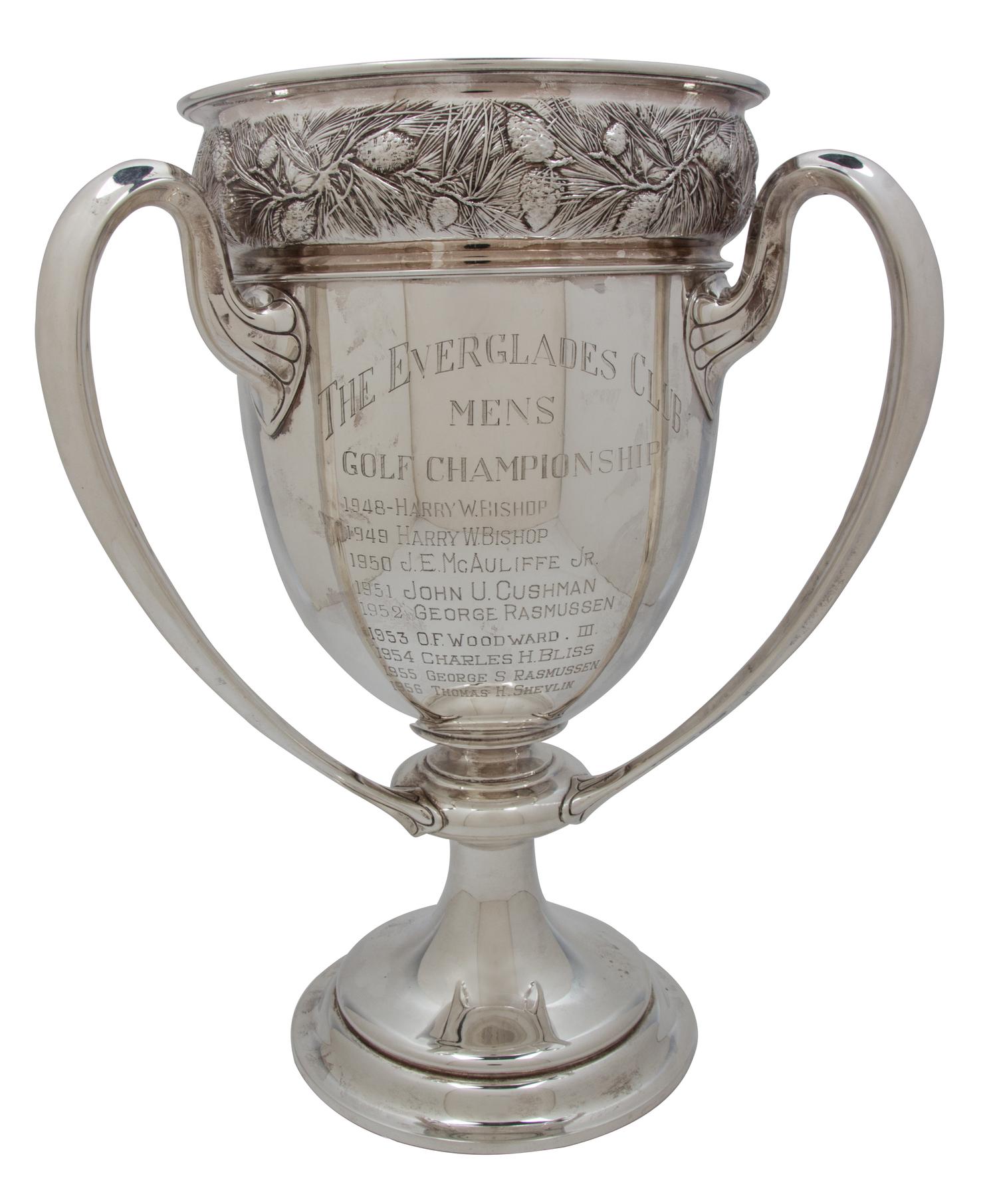 A Silver Aesthetic Movement Trophy Cup, Gorham Mfg Co., Providence, RI, c. 1905, engraved "The Everglades Club Mens Golf Championship"