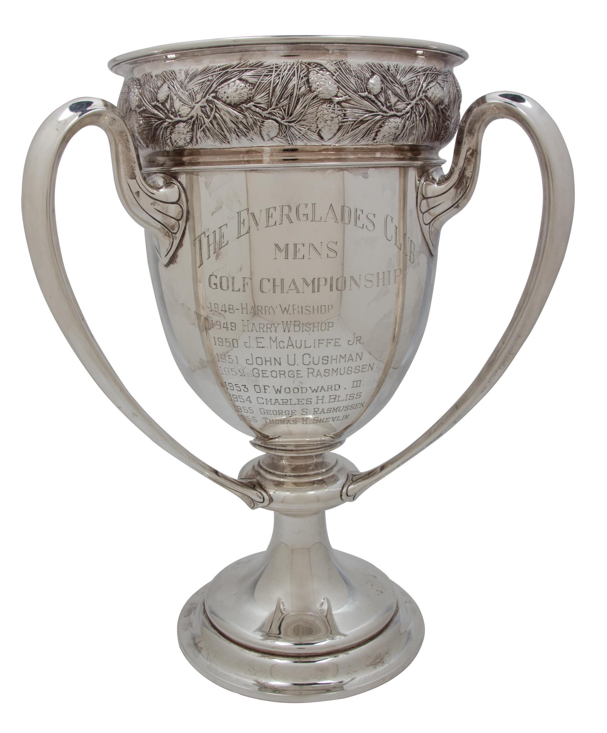 A Silver Aesthetic Movement Trophy Cup, Gorham Mfg Co., Providence, RI, c. 1905, engraved "The Everglades Club Mens Golf Championship"