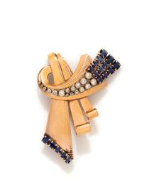 RETRO, SAPPHIRE, DIAMOND, AND GOLD BROOCH
