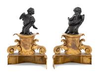 A Pair of French Gilt and Patinated Bronze Figural Chenets