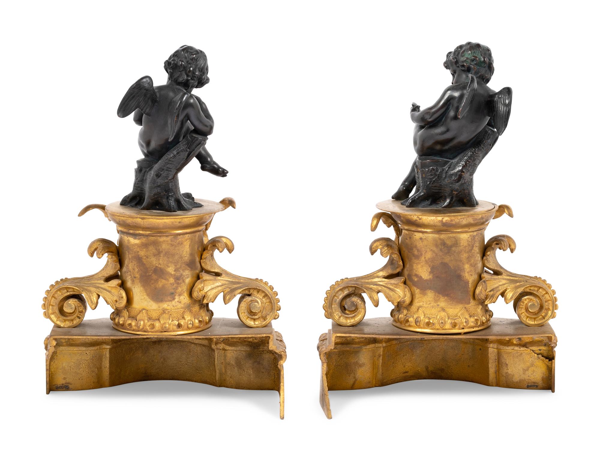 A Pair of French Gilt and Patinated Bronze Figural Chenets