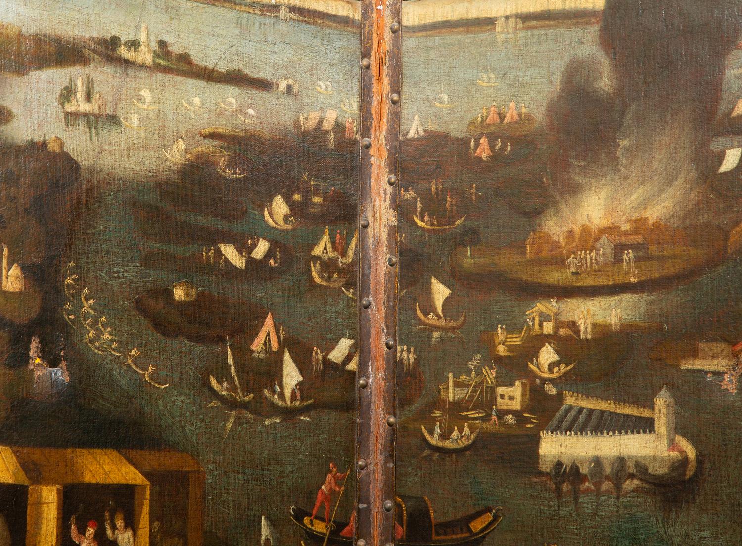 A Continental Painted Leather Four-Panel Screen