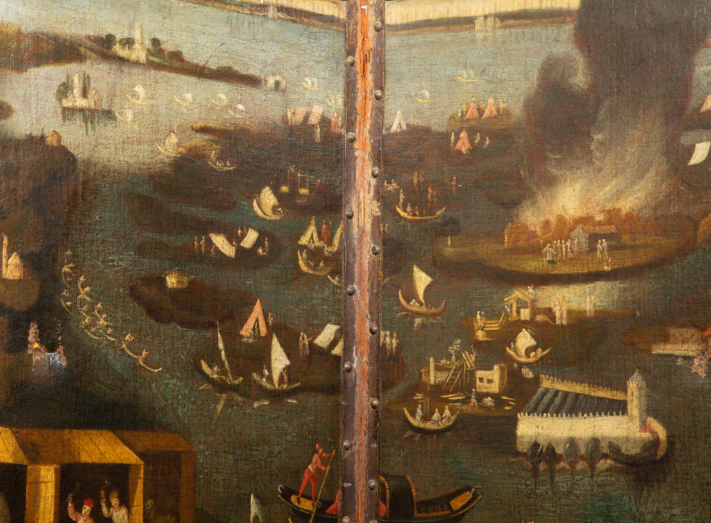 A Continental Painted Leather Four-Panel Screen