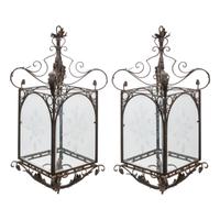 A Pair of Louis XV Style Iron and Parcel Gilt Etched Glass Hall Lanterns