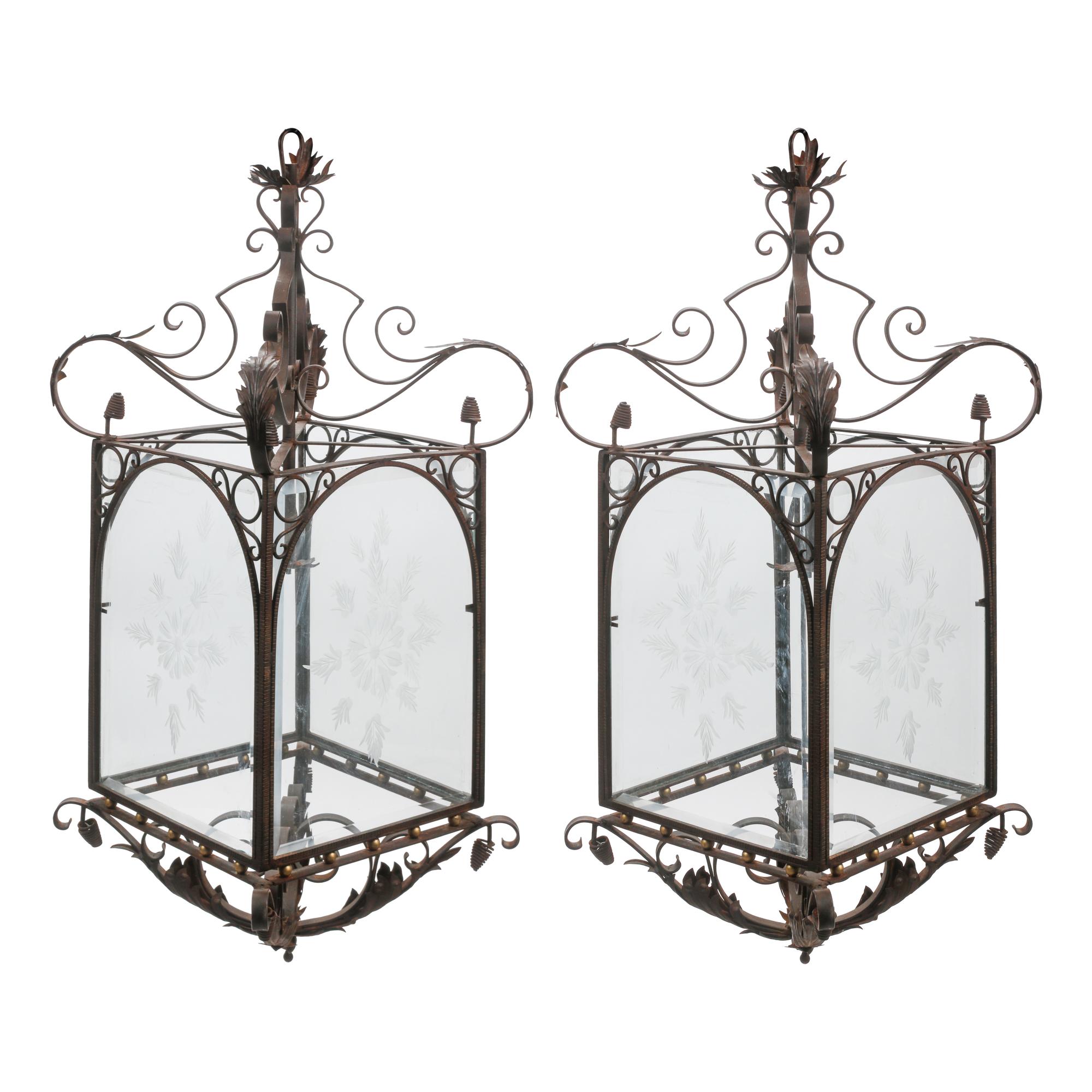 A Pair of Louis XV Style Iron and Parcel Gilt Etched Glass Hall Lanterns