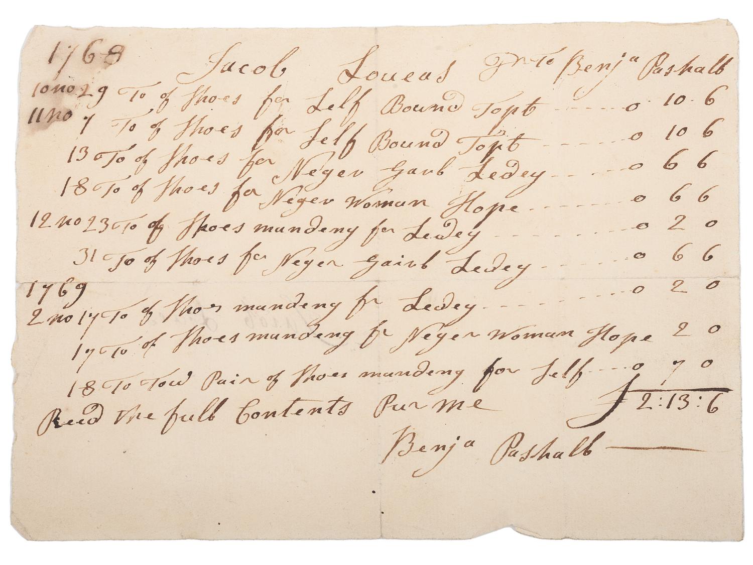[SLAVERY & ABOLITION]. A receipt for goods including shoes purchased for the enslaved woman "Hope" and for the enslaved child "Ledey," 1768-1769.