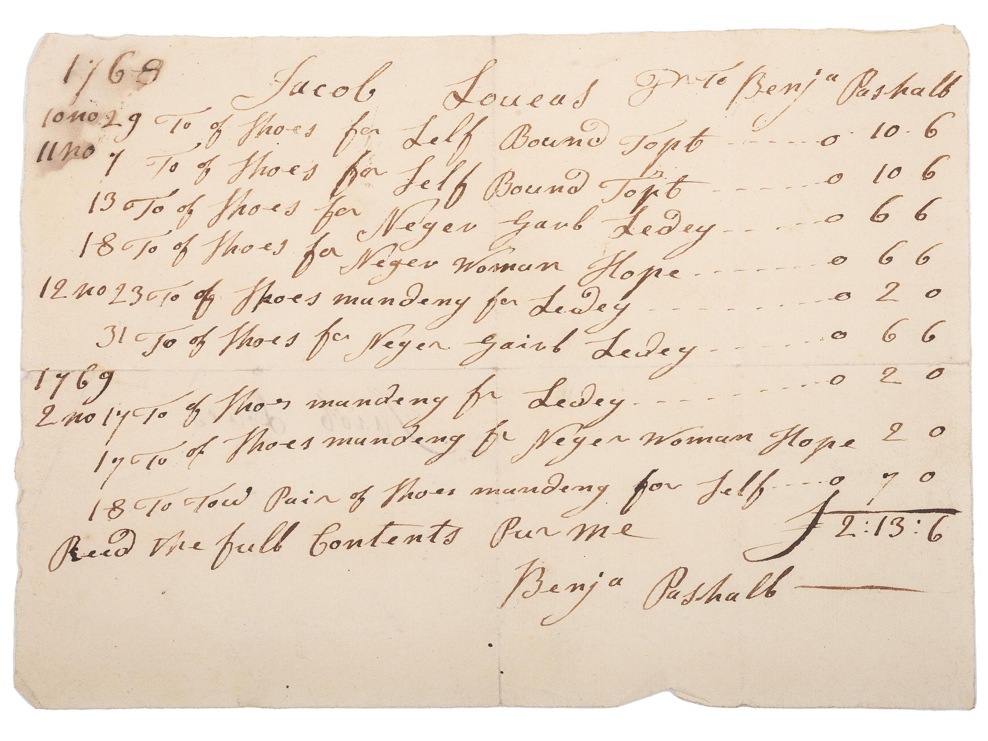 [SLAVERY & ABOLITION]. A receipt for goods including shoes purchased for the enslaved woman "Hope" and for the enslaved child "Ledey," 1768-1769.