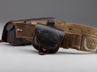 [CIVIL WAR]. Model 1851 cavalry sabre belt by W. Kinsey retaining shoulder strap and equipped with Model 1851 enlisted sword belt plate, maker marked cartridge box, and maker marked cap pouch.