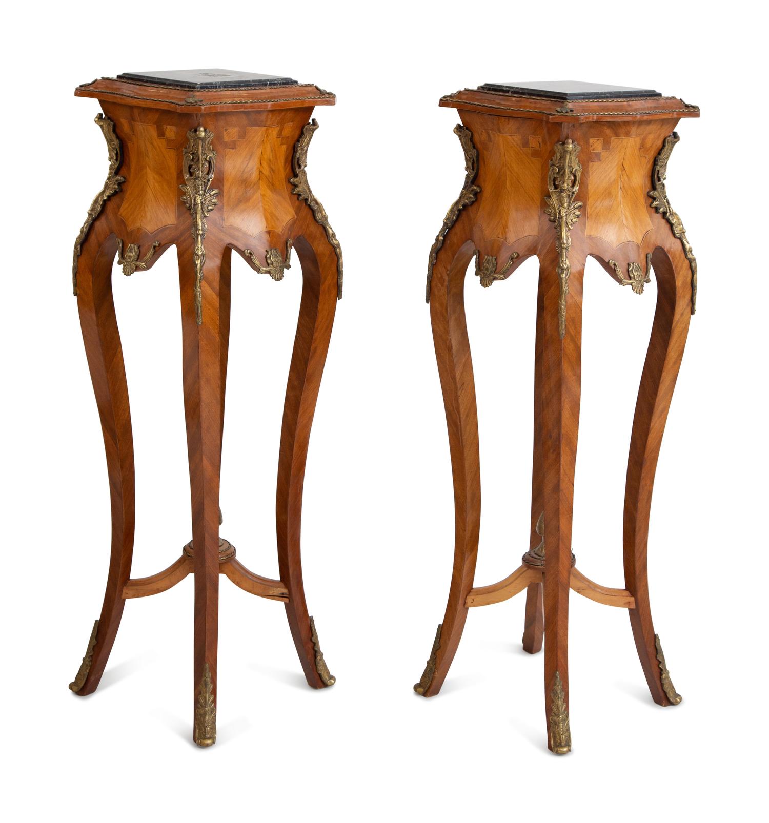 A Pair of Louis XV Style Gilt Metal Mounted Marble-Top Pedestals