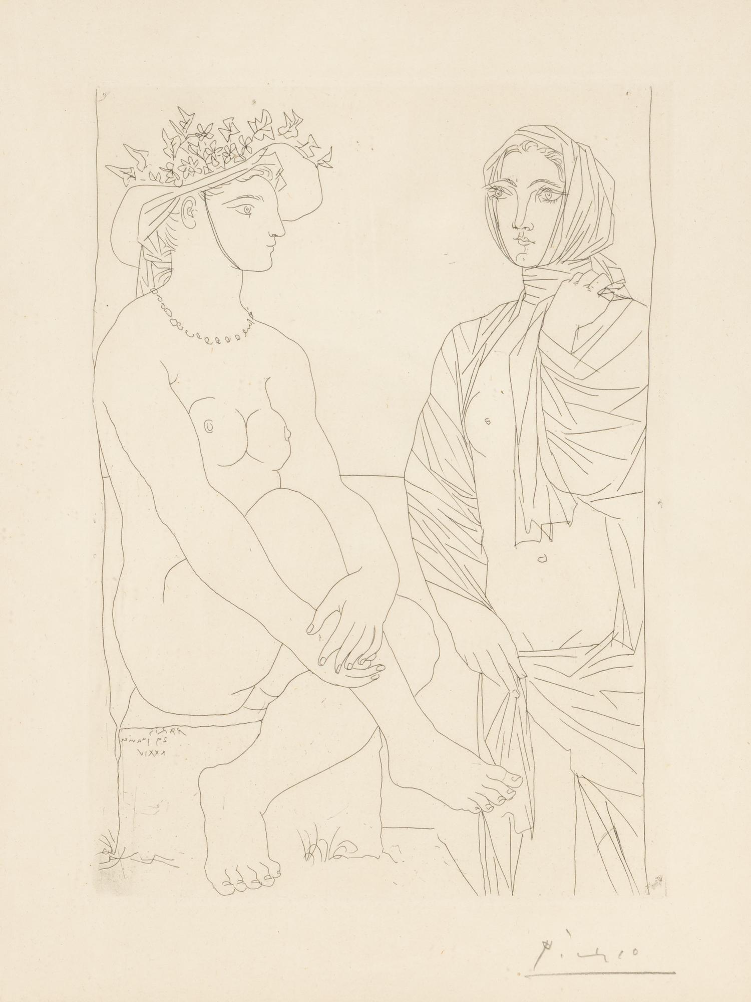 Femme assise au chapeau et femme debout drapée (from La Suite Vollard )