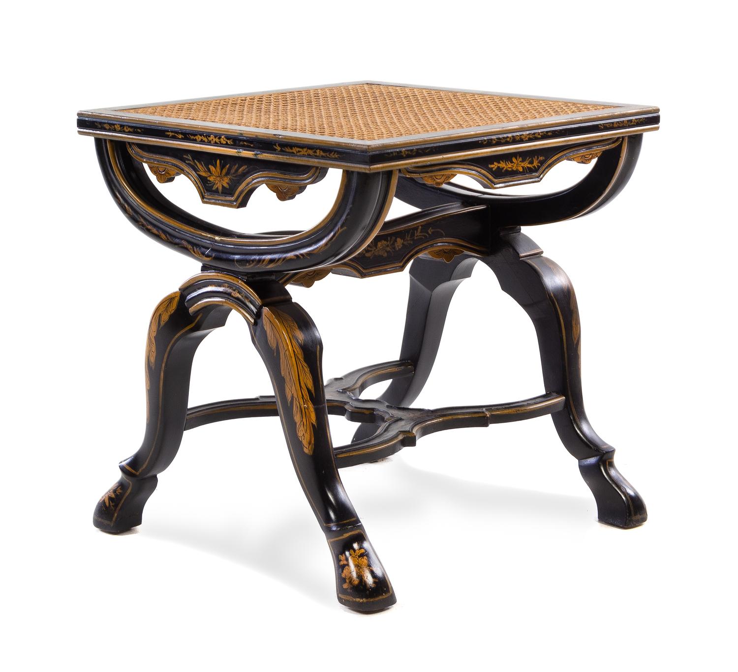 A Regency Style Ebonized and Parcel Gilt Stool Height 18 x width 17 1/4 x depth 17 1/4 inches. — 19TH/20TH CENTURY