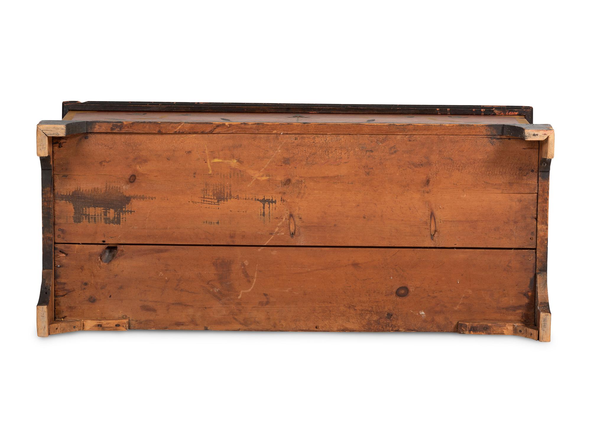 A Chippendale Red and Polychrome Paint-Decorated Poplar and Pine Blanket Chest