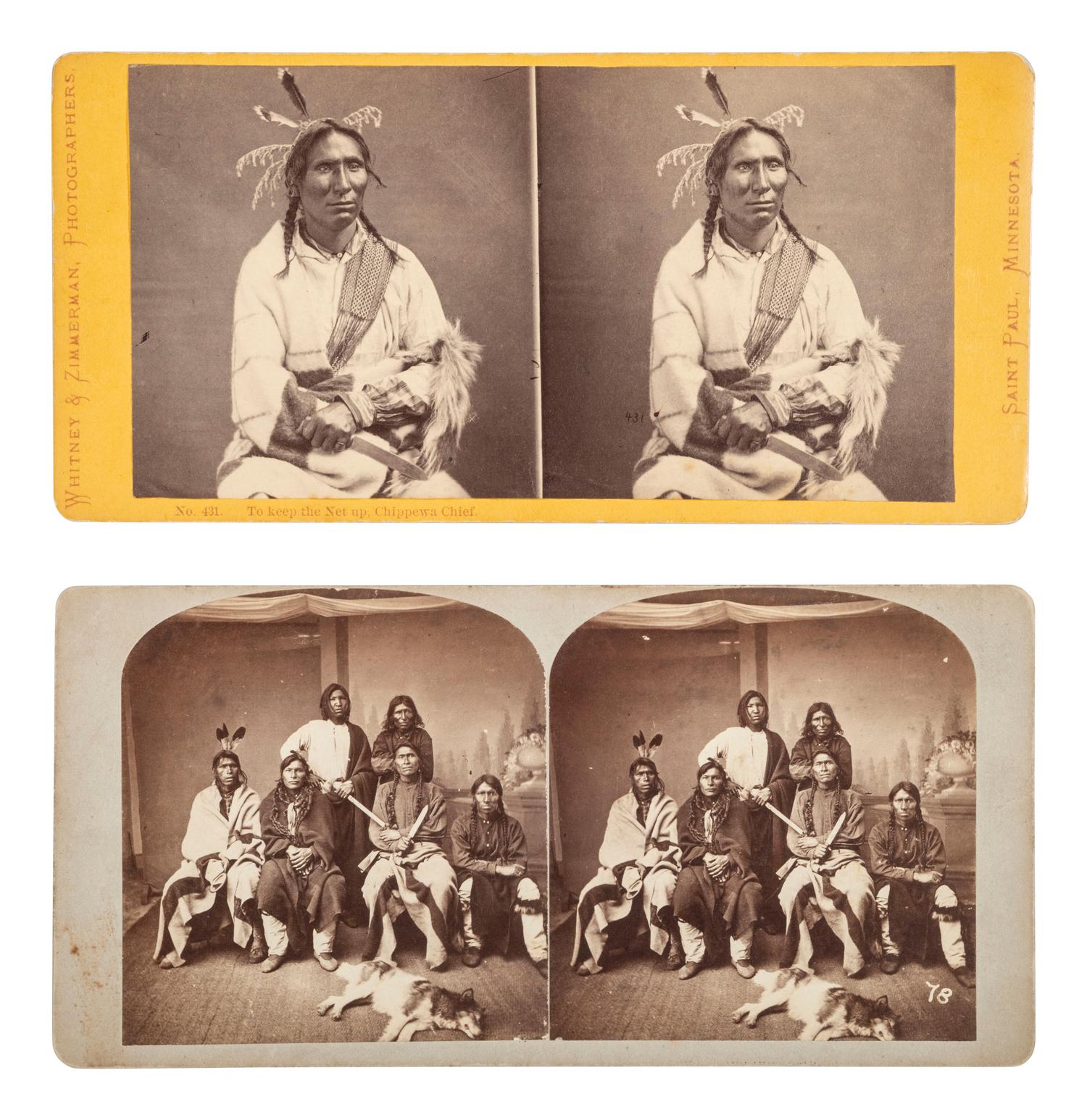 [NATIVE AMERICANS]. 2 stereoviews of Chippewa Indians by CASWELL, WHITNEY and ZIMMERMAN.