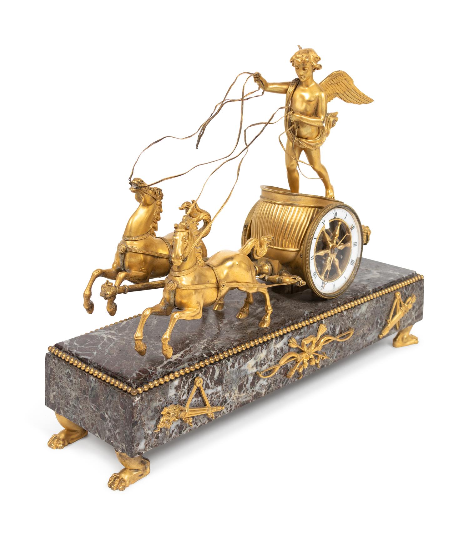 A Directoire Gilt-Bronze Mounted Marble Chariot Clock