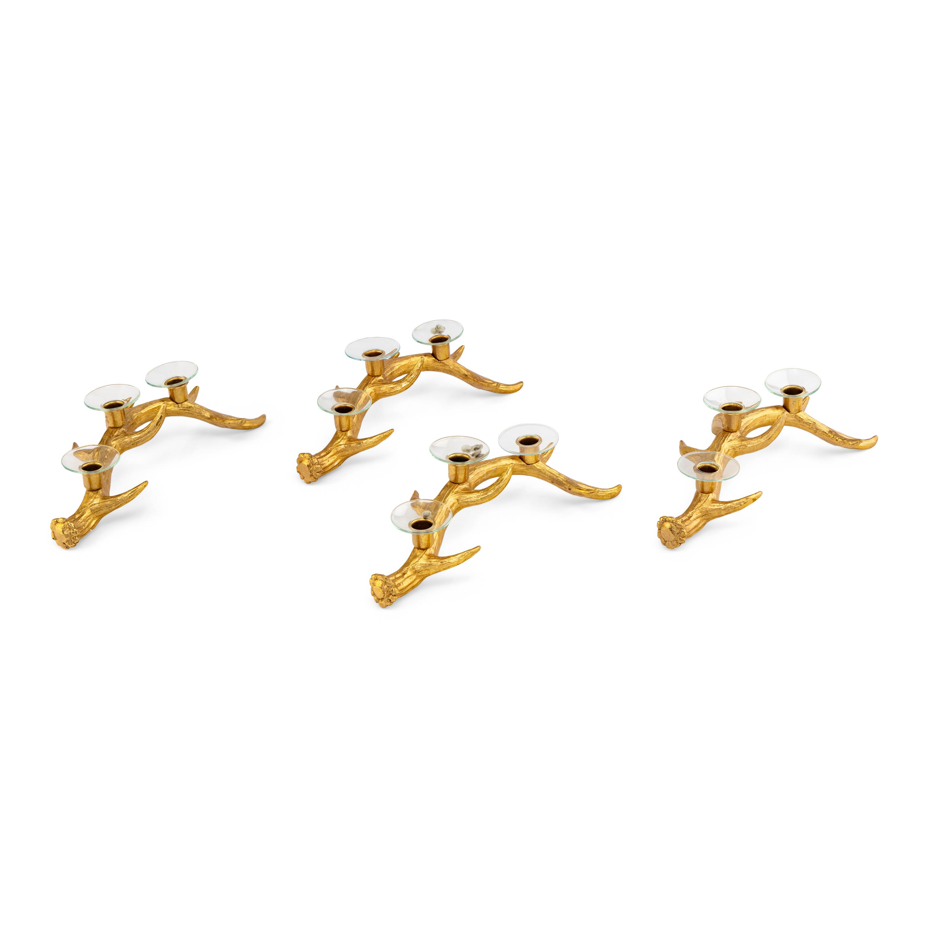 A Set of Four Gilt Metal Antler-Form Three-Light Candelabra