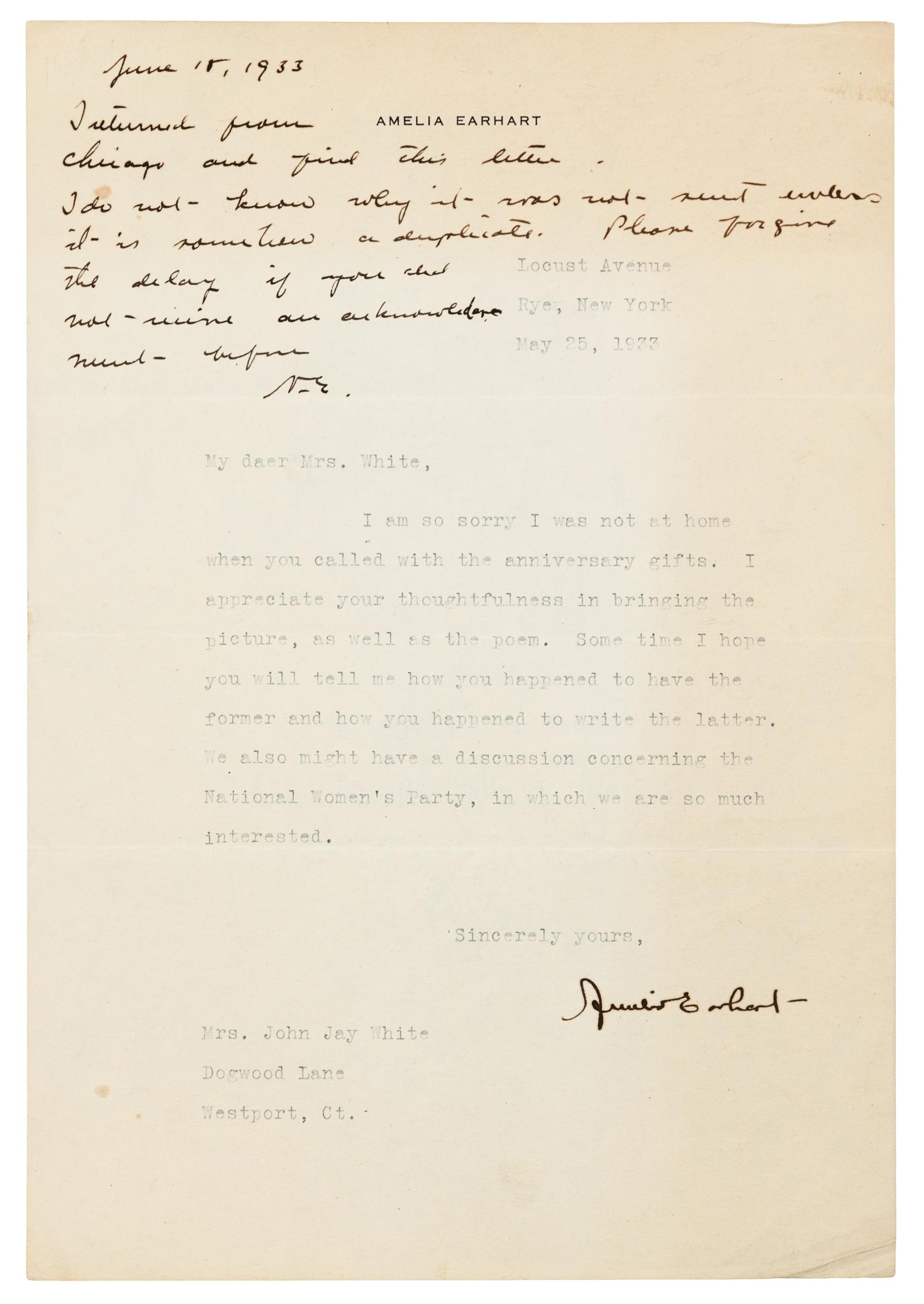 EARHART, Amelia (1897-1937). Typed letter signed ("Amelia Earhart"), to Mrs John Jay White. Rye, New York, 25 May 1933.