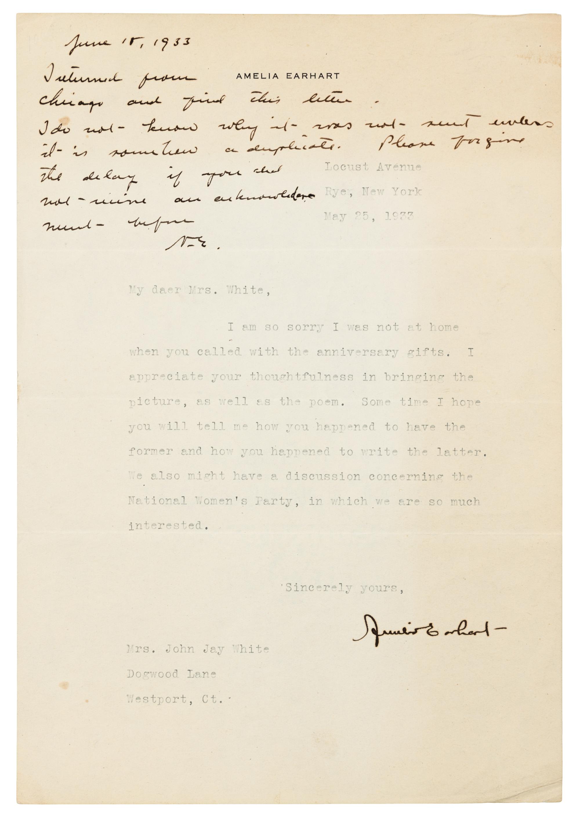 EARHART, Amelia (1897-1937). Typed letter signed ("Amelia Earhart"), to Mrs John Jay White. Rye, New York, 25 May 1933.