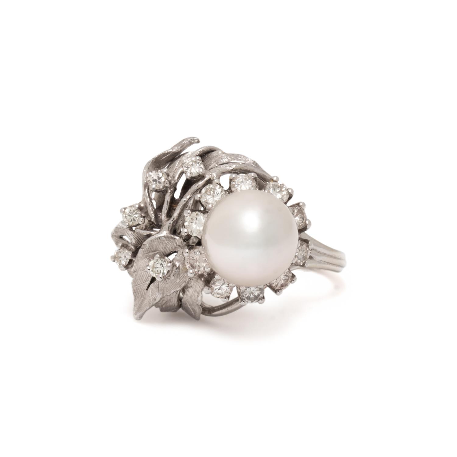 CULTURED PEARL, DIAMOND, AND WHITE GOLD RING