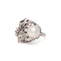 CULTURED PEARL, DIAMOND, AND WHITE GOLD RING