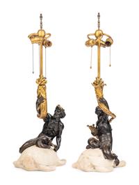 A Pair of American Gilt and Patinated Bronze and Carved Marble Figural Table Lamps