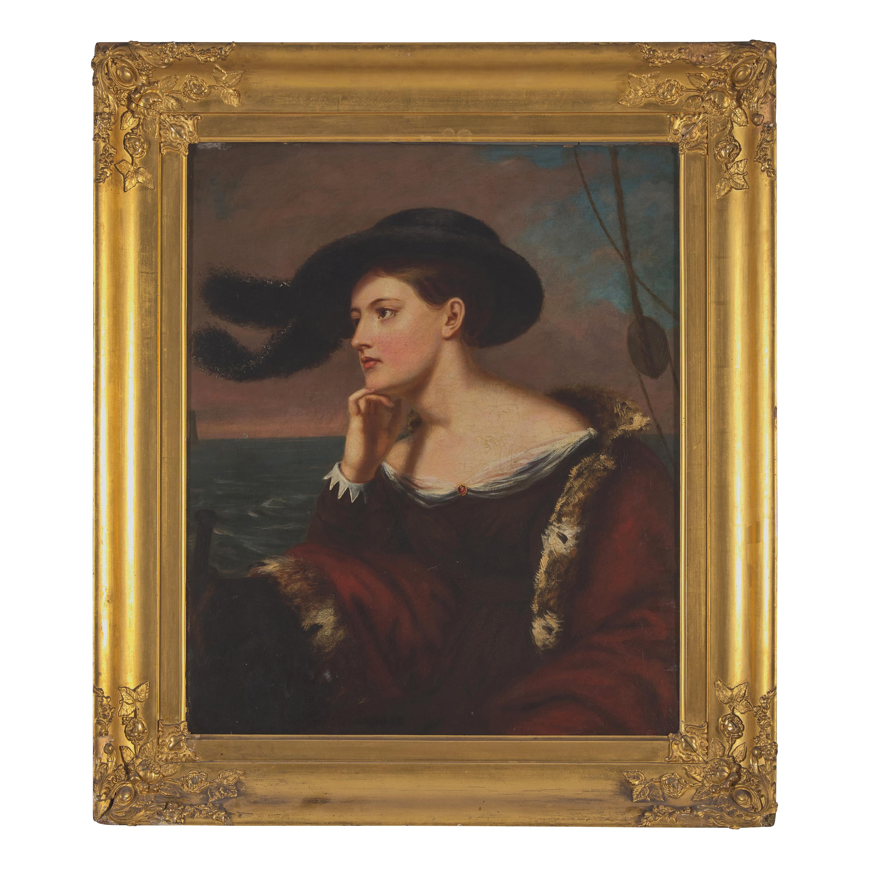 Charles Bird King (1785-1862) — Home, Fare Thee Well: Portrait of a Lady with Feathered Hat on a Ship , 1842