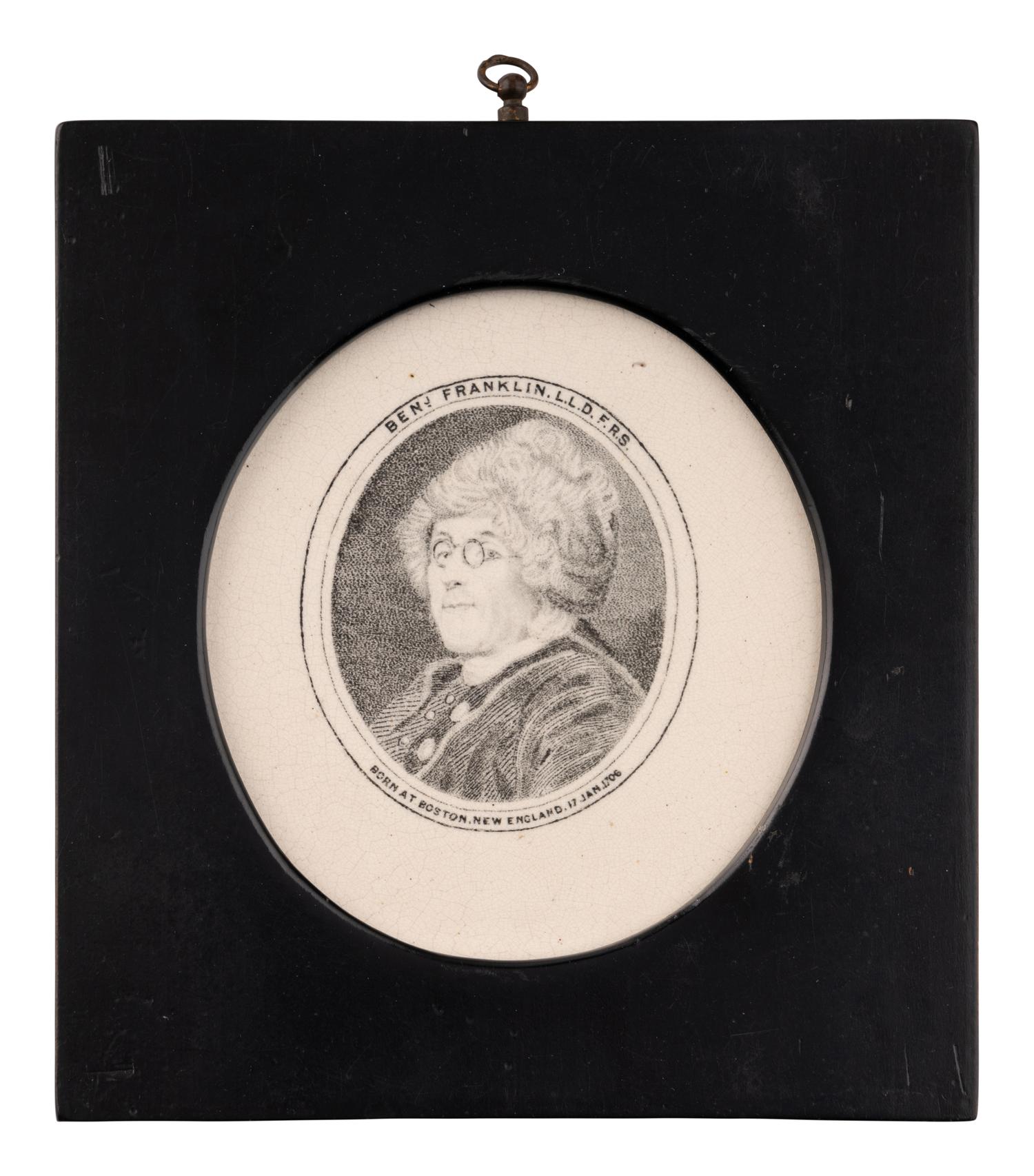 Three Porcelain Plaques depicting General Lafayette "The Nations Guest," President George Washington "The Countrys Father," and Benjamin Franklin.