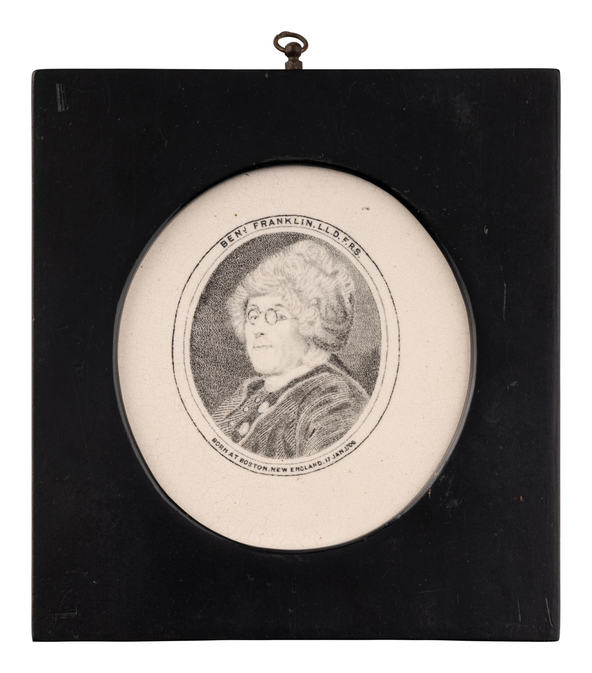 Three Porcelain Plaques depicting General Lafayette "The Nations Guest," President George Washington "The Countrys Father," and Benjamin Franklin.
