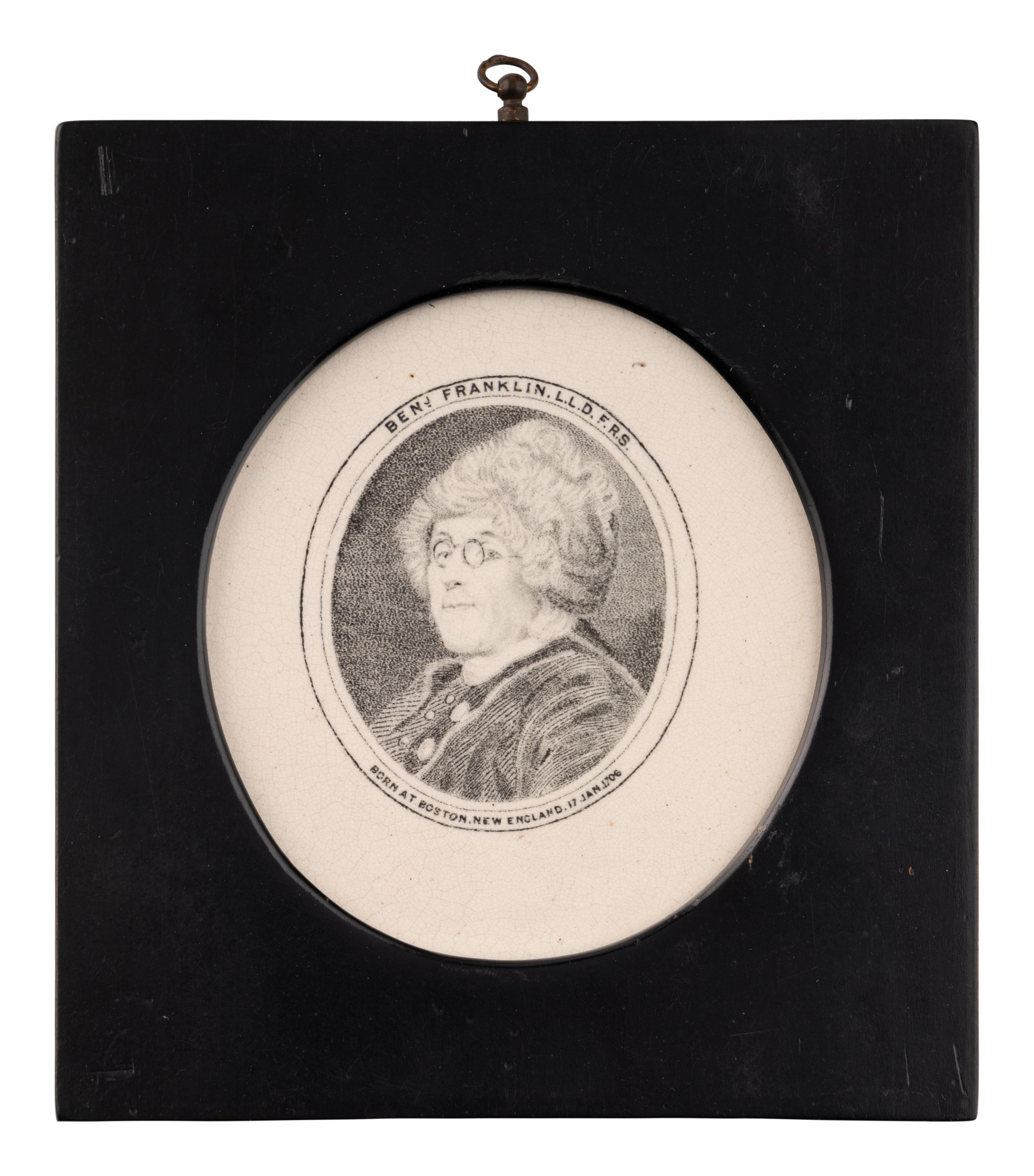 Three Porcelain Plaques depicting General Lafayette "The Nations Guest," President George Washington "The Countrys Father," and Benjamin Franklin.