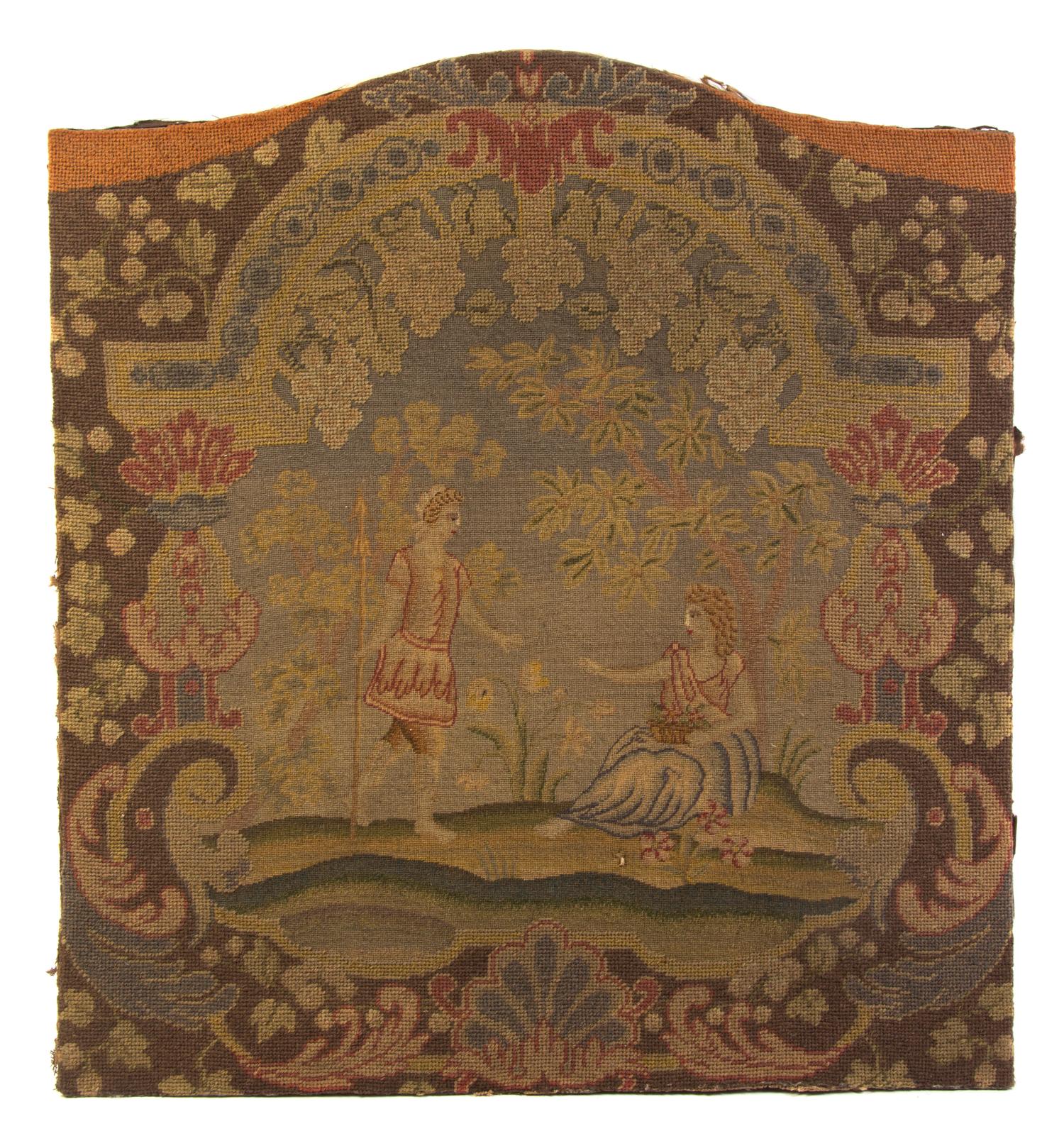 An English Needlepoint Firescreen, Height 29 1/2 x width 27 inches.