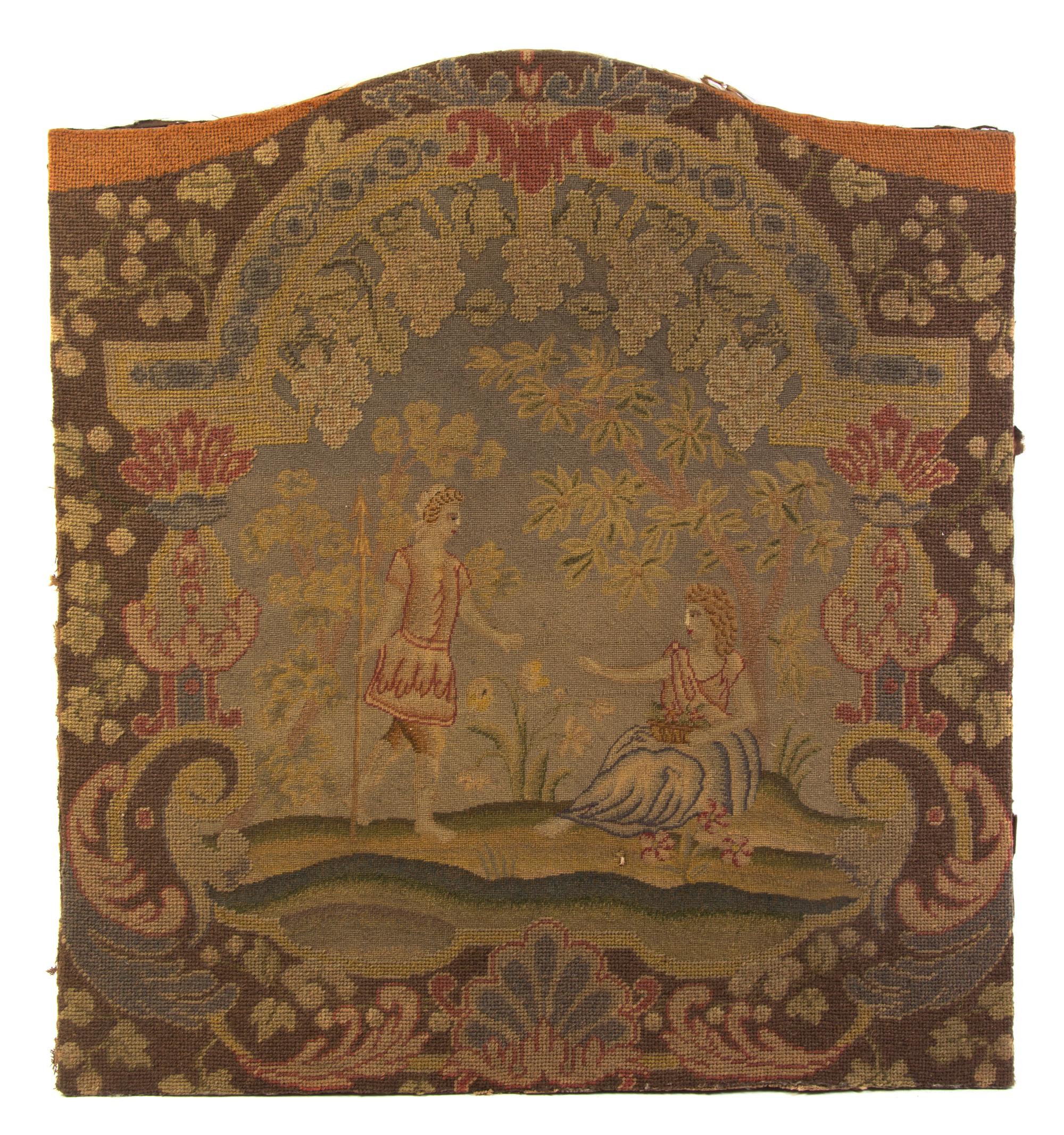 An English Needlepoint Firescreen, Height 29 1/2 x width 27 inches.