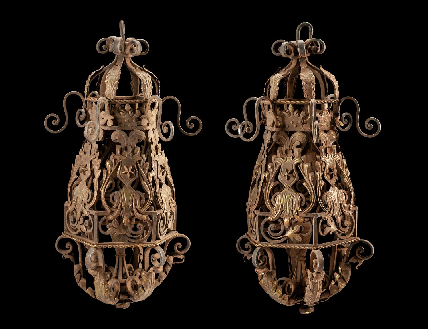 A Pair of Spanish Wrought Iron and Tole Lanterns