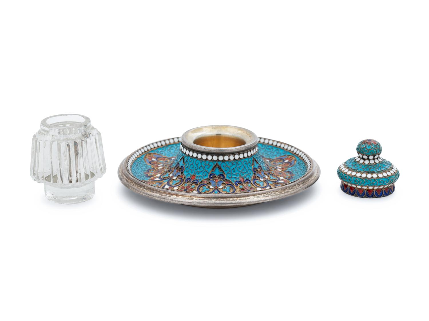 A Russian Silver, Enameled and Cut Glass Inkwell