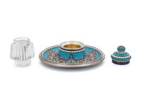 A Russian Silver, Enameled and Cut Glass Inkwell
