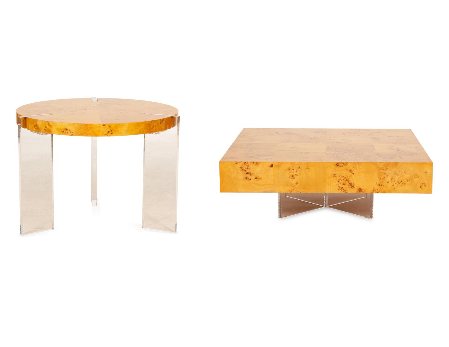 Two Burlwood and Lucite Coffee Tables by Jonathan Adler