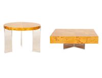 Two Burlwood and Lucite Coffee Tables by Jonathan Adler