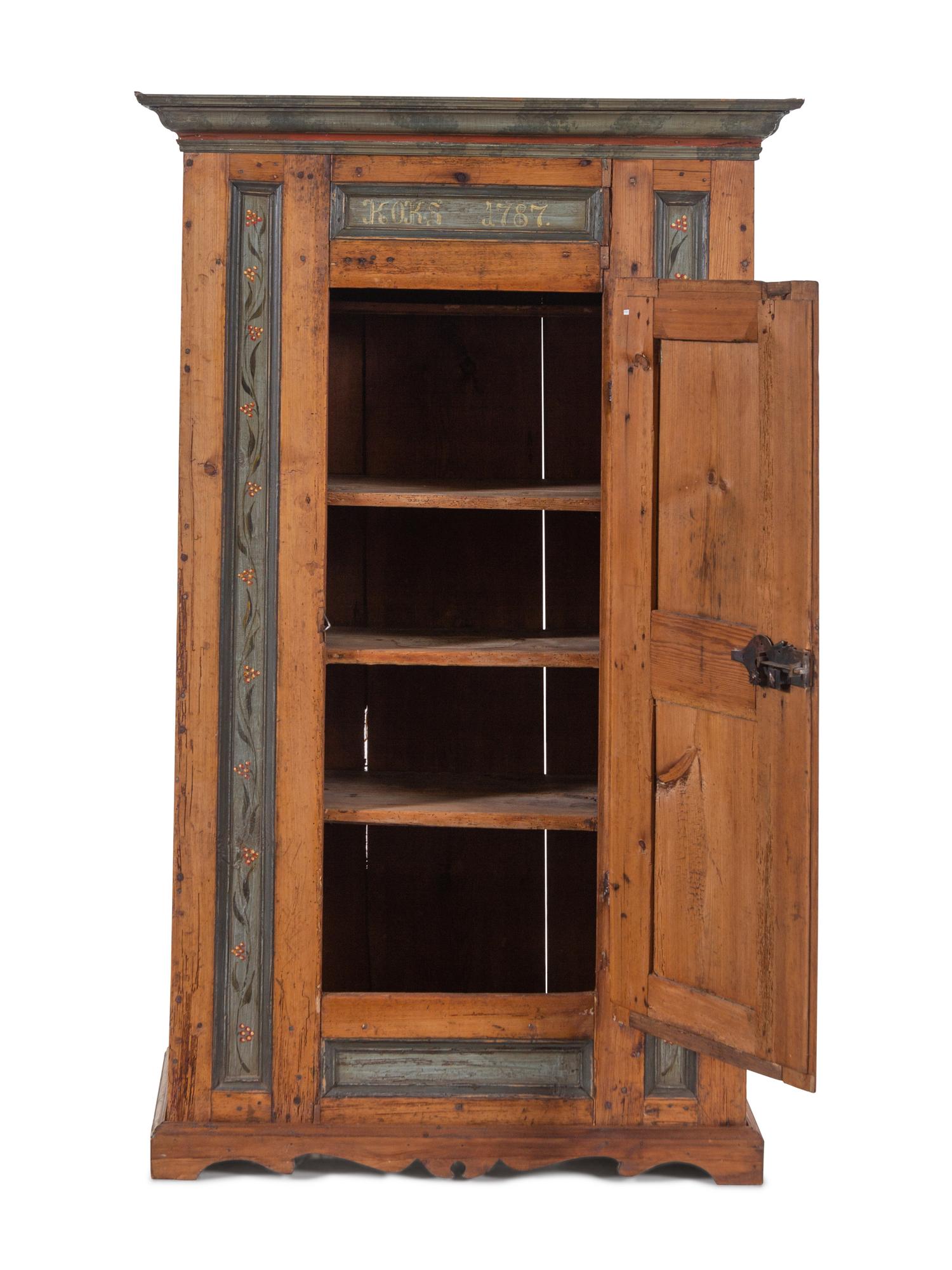 A Scandinavian Wrought Iron Mounted Painted Pine Schrank
