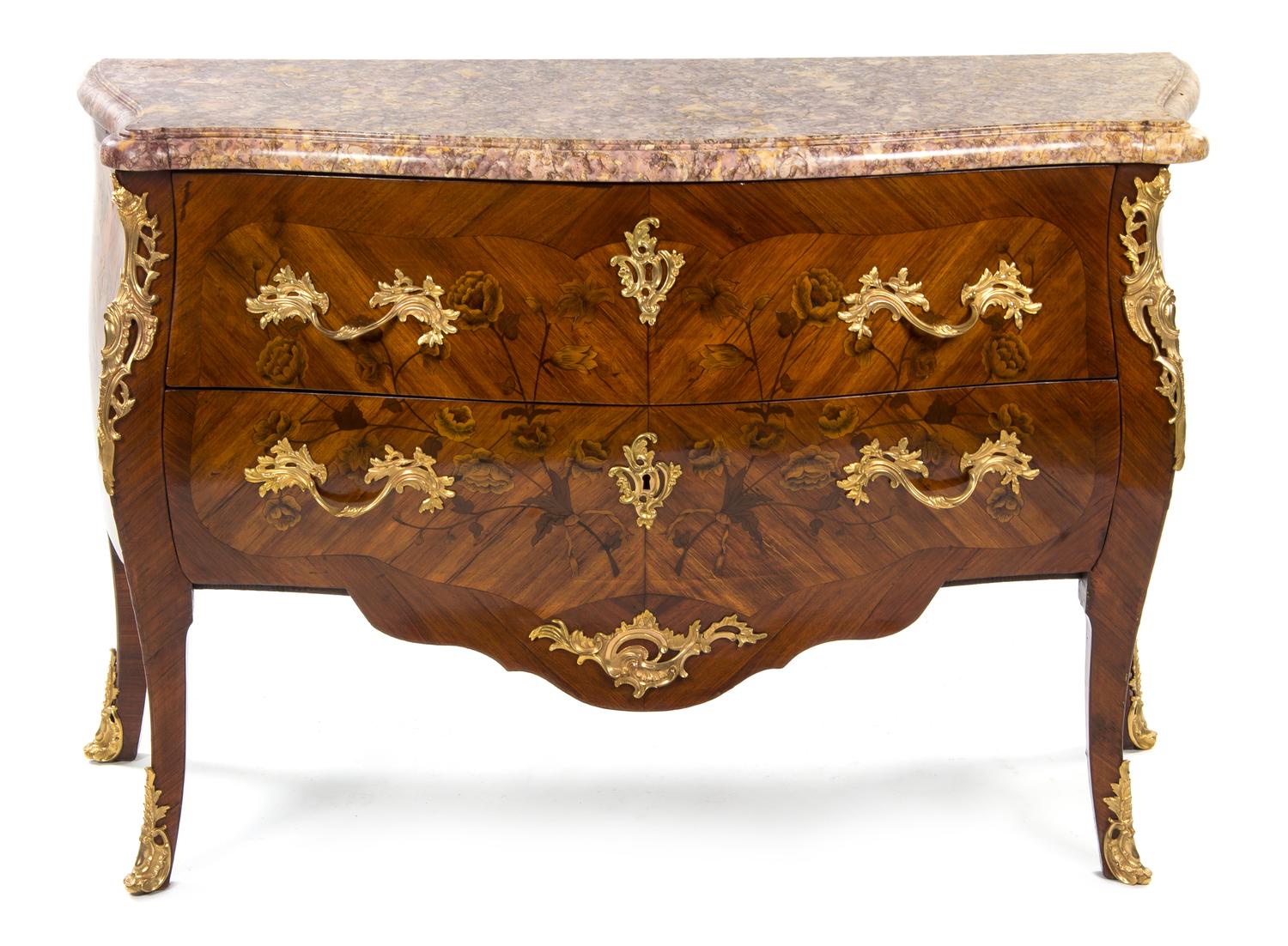 A Louis XV Gilt Bronze Mounted Marquetry Bombe Commode 18TH CENTURY, STAMPED TOPINO JME Height 35 x width 52 x depth 22 inches. — 18TH CENTURY, STAMPED TOPINO JME