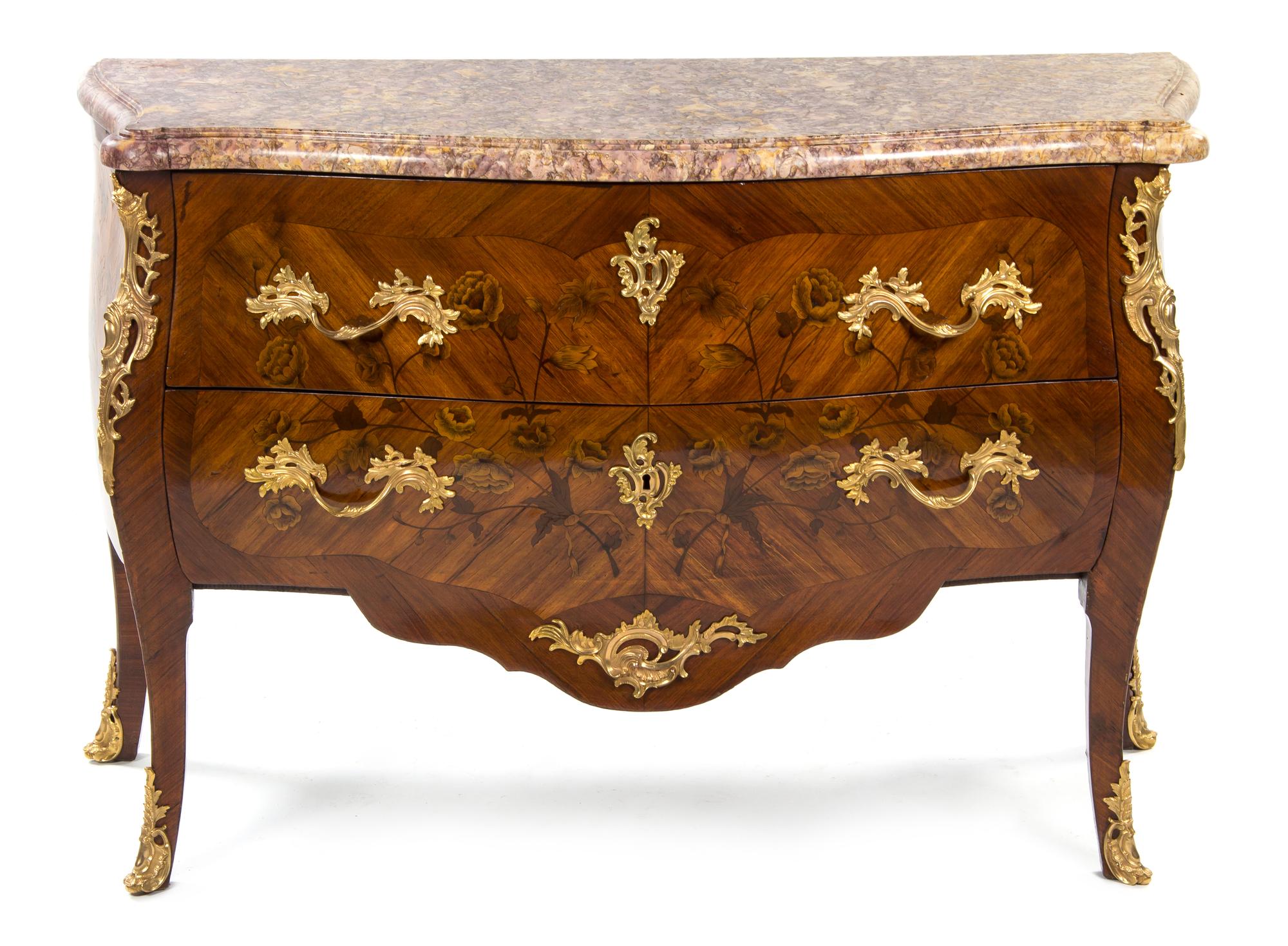 A Louis XV Gilt Bronze Mounted Marquetry Bombe Commode 18TH CENTURY, STAMPED TOPINO JME Height 35 x width 52 x depth 22 inches. — 18TH CENTURY, STAMPED TOPINO JME
