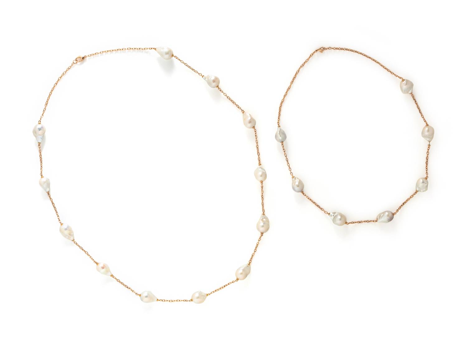 PAIR OF ROSE GOLD AND CULTURED BAROQUE PEARL LONGCHAIN NECKLACES