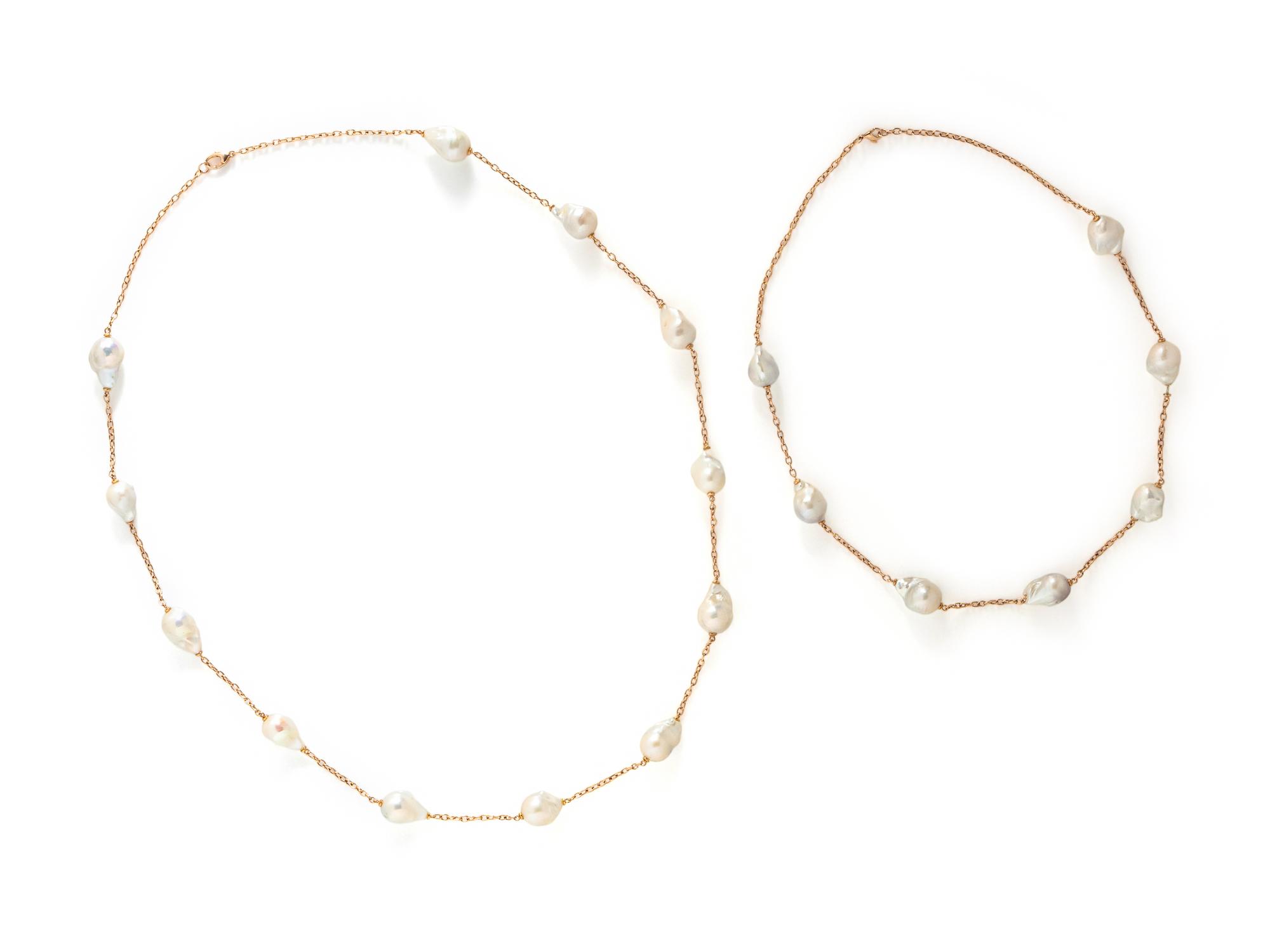 PAIR OF ROSE GOLD AND CULTURED BAROQUE PEARL LONGCHAIN NECKLACES