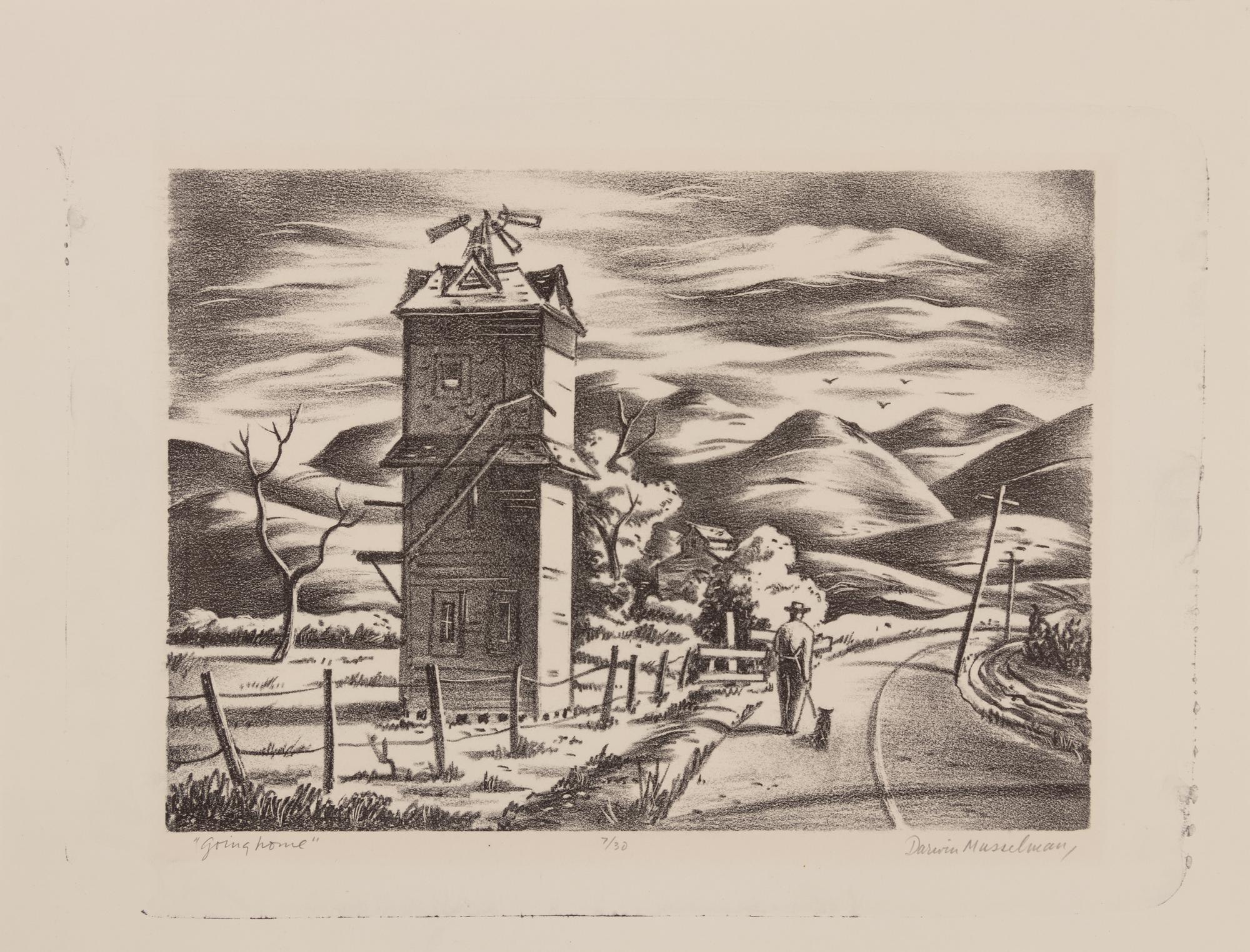 A group of six American prints (Emile Gruppe, Country Scene with Houses ; Nathan Margolies, Cornhuskers ; Leo Meissner, Jeter Spivey's Place ; Darwin Musselman, Going Home ; Thomas Nason, Haystacks ; Julius Tanzer, New England Yard )