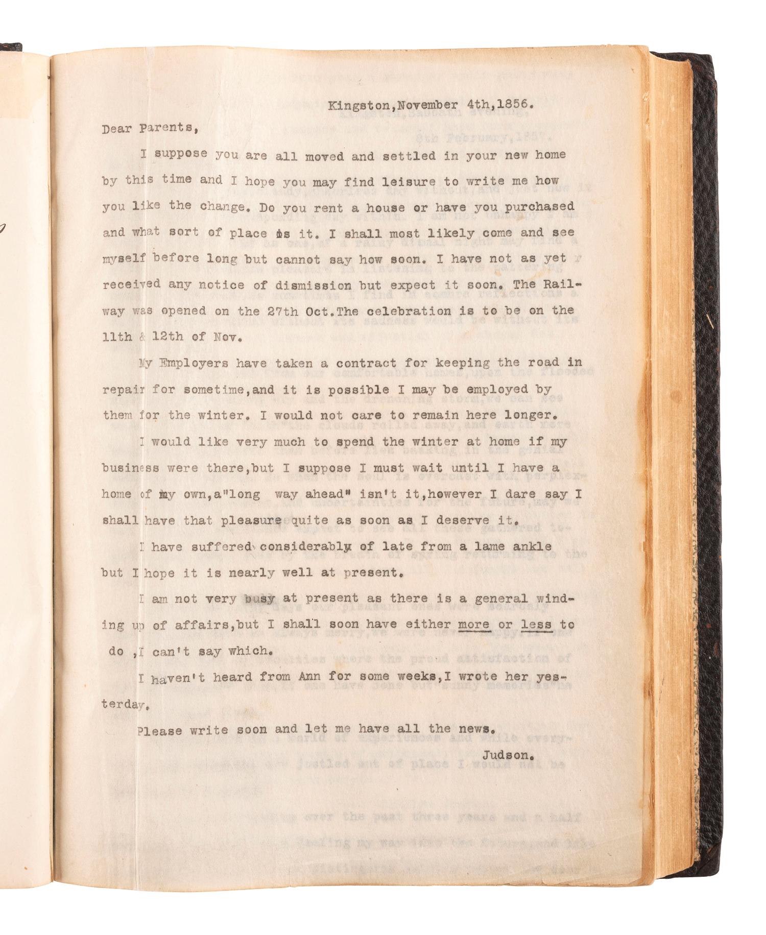 [CIVIL WAR]. Judson W. Bishop, 2nd Minnesota Infantry, Civil War archive incl. typed transcription of letters dating from 1861-1865 and related documents.