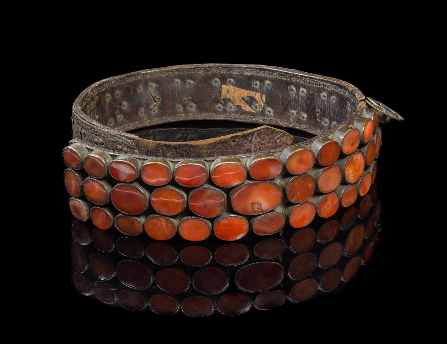 An Ottoman/Balkan Carnelian Agate, Silver and Leather Belt 18TH/19TH CENTURY Length overall 50 inches. — 18TH/19TH CENTURY
